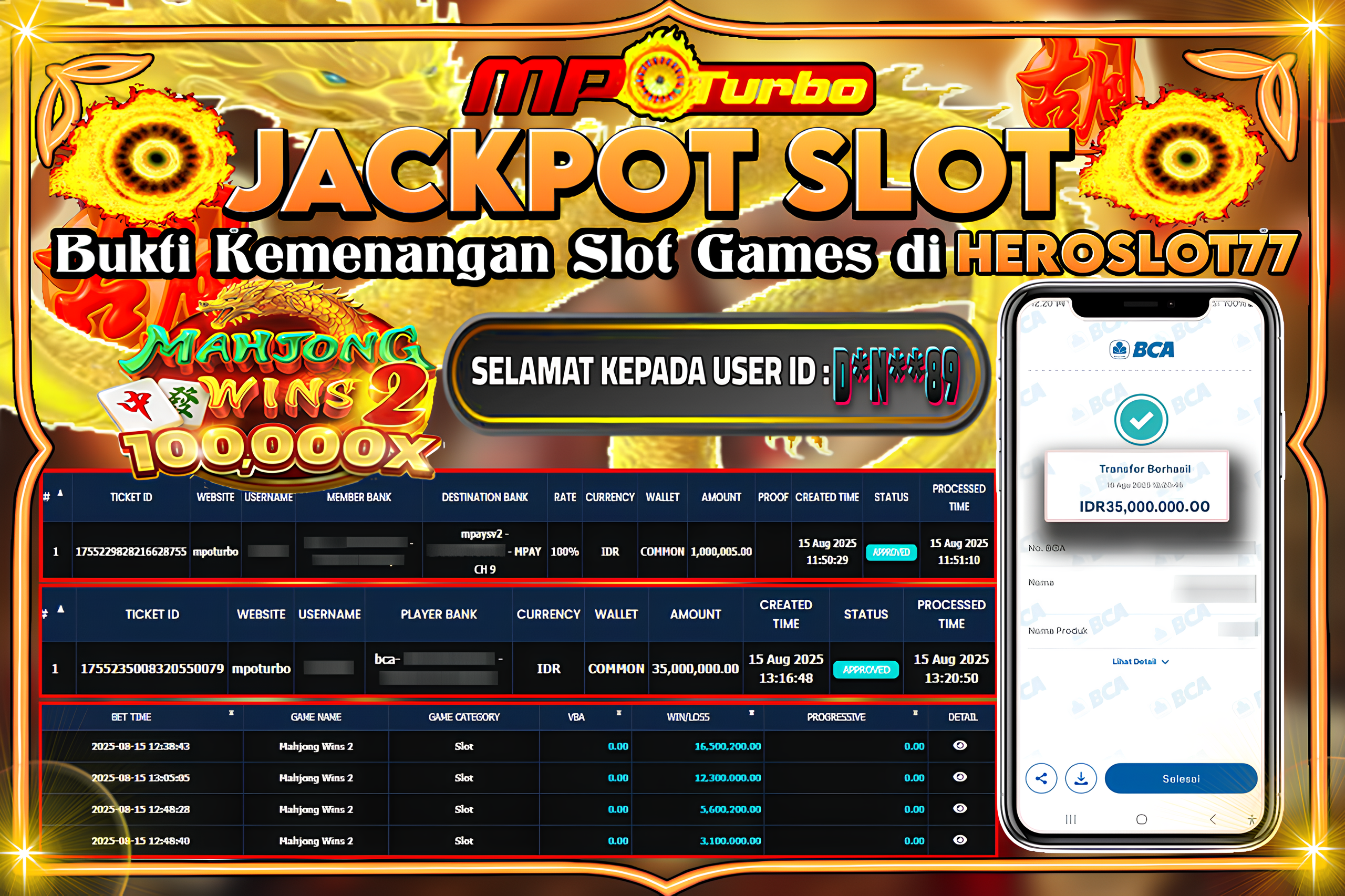MPOTURBO JACKPOT SLOT MAHJONG WINS 2 Rp 35.000.000.00,- LUNAS